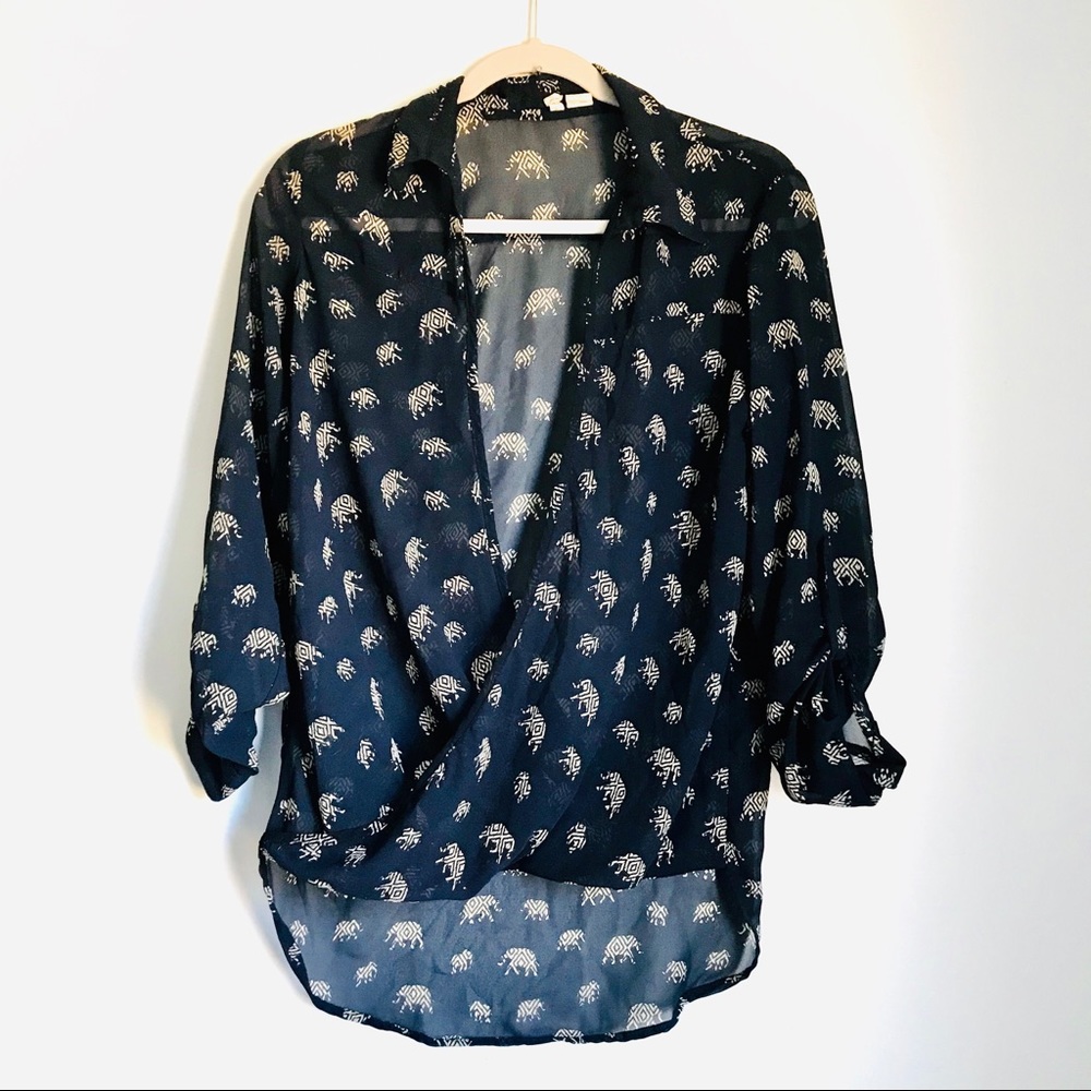 Japna Sheer Open Front Wrap Elephant Boho Blouse M